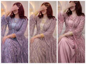 فستان سهره تریند 3 قطع فستان حرير العروسة القطعه الخارجيه لبانه تصمیم بشكل جميل اكمام واسعه مفتوحه
