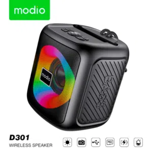 مكبر الصوت اللاسلكي المحمول Modio D301. يتميز هذا الجهاز بتصميم مدمج وخفيف الوزن، مما يجعله مثاليًا