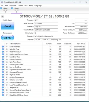 هارد داخلي Seagate 1TB بحالة ممتازة وفحص Good