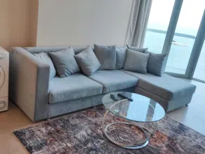 Bluish Grey sofa set L shaped with 8 cushions, good as new