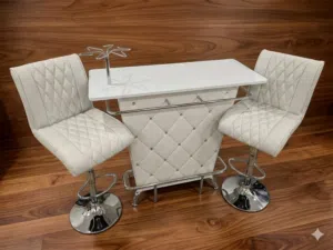 Luxury Bar Table Set with 2 Hydraulic Chairs - White Leatherette