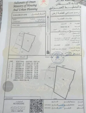 للبيع ارض زراعية فضاء ممتازة في ولاية بركاء البلة ، رقم القطعة (76) ، مساحه الارض  35023 م2 .