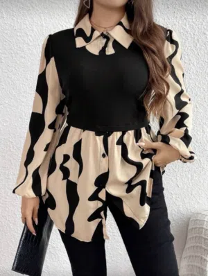 lune plus size women's leopard print long sleeve shirt collared top fall women clothes