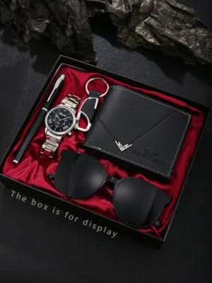 طقم هدايا فاخر مكون من 5 قطع: محفظة من الجلد الصناعي، قلم أنيق، ساعة كوارتز، نظارة شمسية، سلسلة مفات