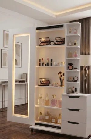 دولاب الاكسسوارات 3درج و 5 ارفف بمرايا ليد جرار قناة روكا لديكورات mdf