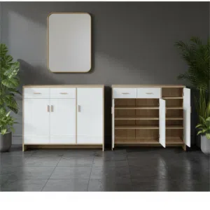 خزانة أحذية عصرية خشبية لون بلوط سانتانا وأبيض - SR-216