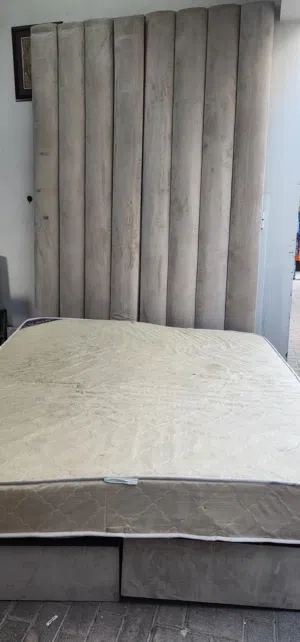 Bed With mattress and Wall Attached Headboard And Storage Ottoman