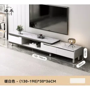خزانة تلفزيون خشبية لون ابيض قابلة للتكبير و التصغير بشكل عصري و أنيق المقاس (130-190)*30*36 سم