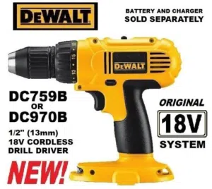 هذا مثقاب لاسلكي من طراز DeWalt DC970 بقوة 18 فولت.  يتميز المثقاب بلونه الأصفر المميز وبظرف مقاس 1/
