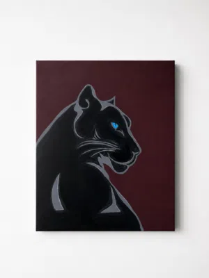 Original acrylic of black-panther with blue eye on burgundy background
