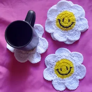 handmade crochet smiley face flower coasters white and yellow