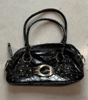 Vintage 2000’s y2k guess bag black snake leather with silver buckle شنطة قيس فينتج