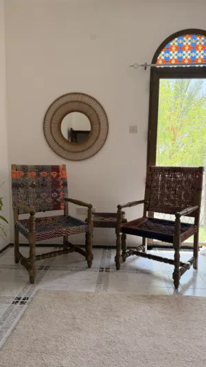 2 Handmade Wooden Armchairs with Matching Side Table for Sale
