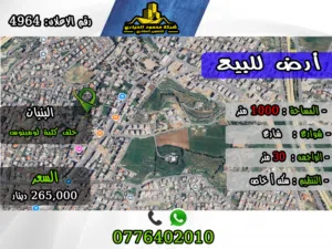 رقم الأعلان (4964) قطعة ارض للبيع في منطقة البنيات خلف كلية لومينوس