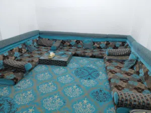 مجلي ارضي جلسه ارضيه ثلاث طراريح و زاويتين  برداي ستاره سداجه 3×4 لون ازرق و بنه غامق 6 ركايات اربع