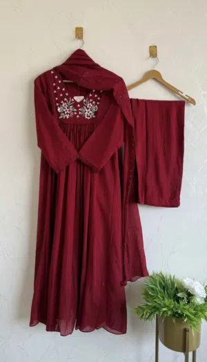 Deep Maroon Embroidered Anarkali Suit Set 3-Piece Ethnic Wear