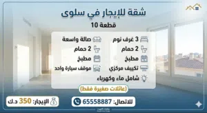 للإيجار شقة 3 غرف في سلوى قطعه 10