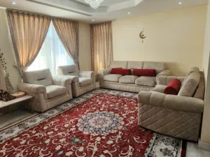 Beige upholstered living room set with red accent cushions - 3+1+1+2 w/curtains