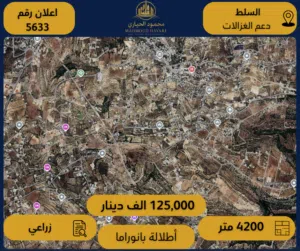 رقم الإعلان:( 5633 )  أرض زراعية بإطلالة بانورامية – السلط / دعم الغزالات
