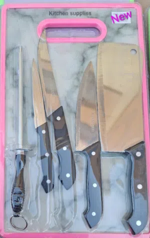 Chef Hat, Knives, Sharpener & Cutting Board Set.6-Piece Kitchen Essentials Set