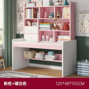 مكتب دراسي خشبي زهري - طاولة دراسية - برفوف علوية و جرارات