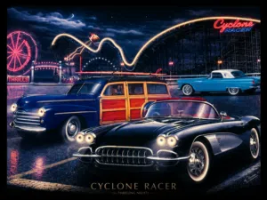 “Vintage Americana classic car amusement park wall frame