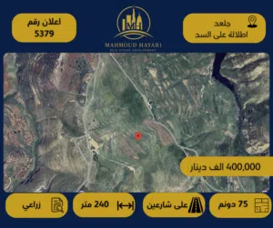 رقم الإعلان: 5379 أرض زراعية مميزة للبيع – جلعد / إطلالة مباشرة على السد