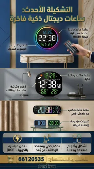 ساعة حائط إلكترونية مضيئة تعمل بالكهرباء او البطارية