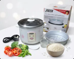 هذا هو جهاز طهي الأرز من Tiger  بقدرة350w   5 في 1.يحتوي الصندوق على جهاز طهي الأرز، وسلة للتبخير،
