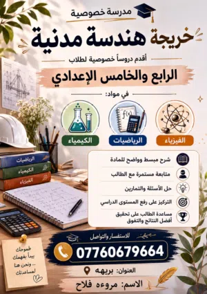 مدرسة خصوصية خريجة هندسة مدنية لتدريس الرياضيات والكيمياء والفيزياء للرابع والخامس الإعدادي