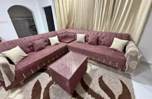 Seater L-Shape Majlis Sofa Set with Table - Mauve Velvet & Gold