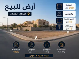 أرض سكنية للبيع – حشان الموقع: حشان – خلف جامع ابو زعينين المساحة: 335 واجهتين