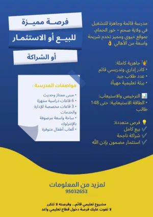 للبيع أو الشراكة أو الاستثمار مدرسة تعليم مبكر مجهزة بالكامل وجاهزة للتشغيل مباشرة