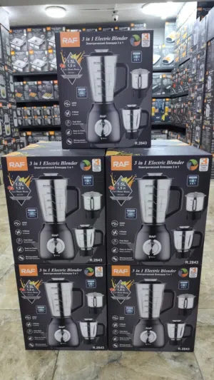 خلاط ستانلس ستيل  3في 1 من شركة راف العالمية  مع مفرمة للحوم والورقيات ومطحنه للبهار
