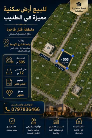 قطعة ارض للبيع في الطنيب حوض العيادات 500م على شارعين