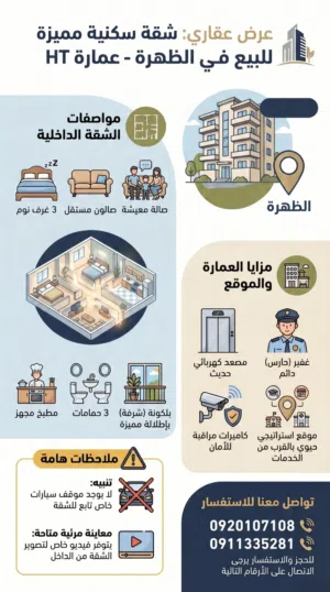 شقة للبيع عمارة HT الظهرة تشطيب ممتاز