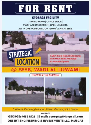 1. Dry Store For Rent 900 m2 2.Staff Accommodation for Rent 6 Rooms  3. Open land For Rent 1000 m2