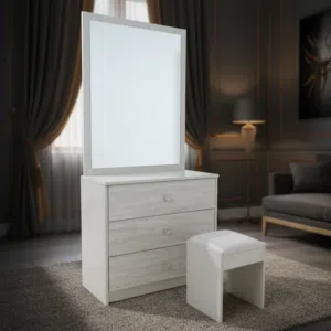 طاولة زينة عصرية مع مرآة وكرسي بوف - لون حجر رملي وترافيرتين - DT-104