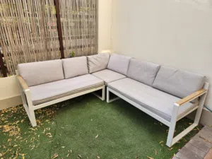 Outdoor bench sofa with cushions - white frame, light grey cushions