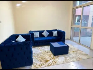 Negotiable- Urgently Selling Blue velvet 5-seater sofa, ottoman/square table, 5 dual color cushions