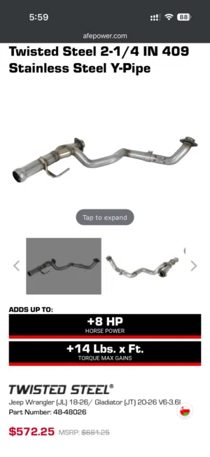 AFE Y Pipe (Jeep Wrangler (JL) 18-26/ Gladiator (JT) 20-26 V6-3.6L Part Number 48-48026)