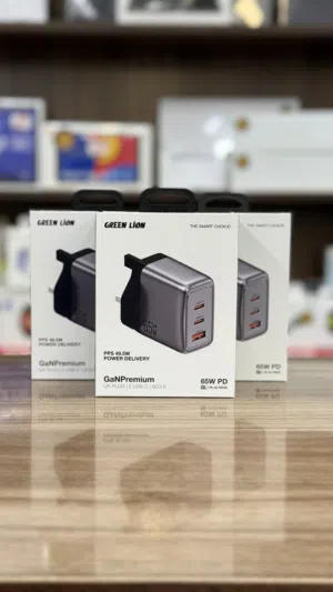 65W GaN PREMIUM wall charger from Green Lion with 2 USB-C ports and 1 USB- شاحن 65 واط جدراي A port