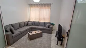 Elegant set including a comfortable grey sofa and a matching table,