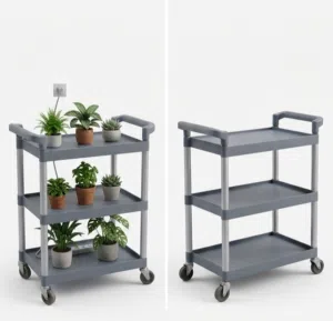 gray 3-shelf polypropylene utility trolley used for serving or storage