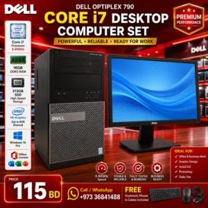 Dell Core i7 Computer Set 3.30Ghz 16GB Ram 512GB SSD win 10 Monitor 19 HD