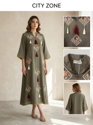 جلابية (قفطان) راقية باللون الزيتي