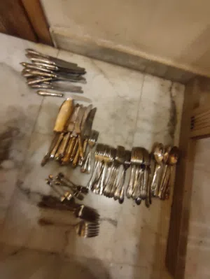 سكاكين شوك ومعالق نلبسة بالفضة وصنيتين نلبسة بالفضة أيضا 201 قطعة