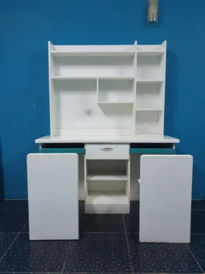 Used Wooden Study Table with 2 Chairs for Kids – Turquoise & White