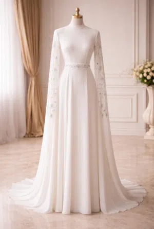 فستان ناعم ابيض طويل اكمام حريم السلطان