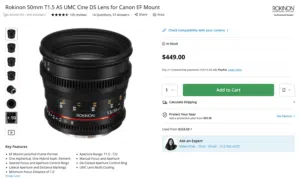 عدسة روكينون السينمائية لكاميرات كانون Rokinon 50mm T1.5 Cine DS EF